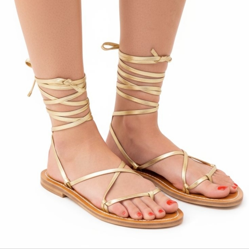 EUC K. Jacques Size 41 Gold Metal Leather Bikini Sandals!!